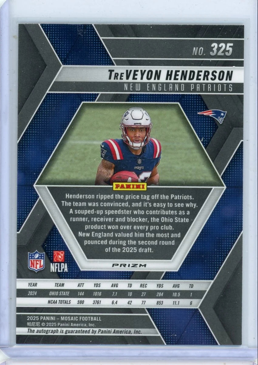 TreVeyon Henderson 2025 Panini Mosaic Silver Rookie Autograph