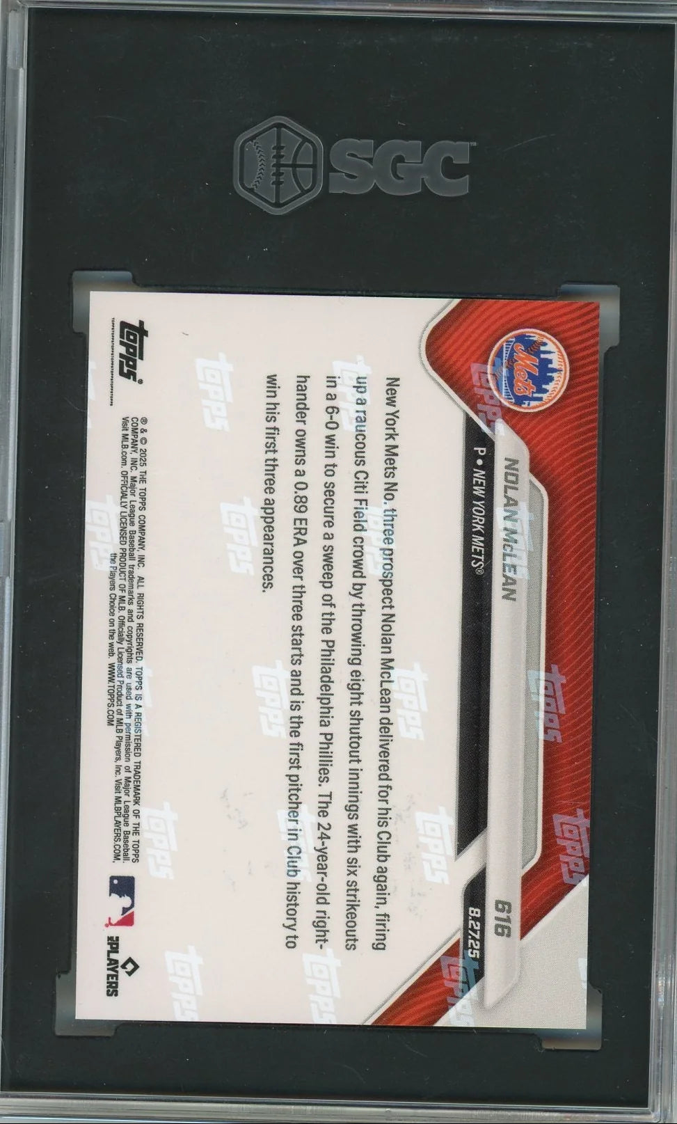 Nolan McLean 2025 Topps Now #616 SGC 10