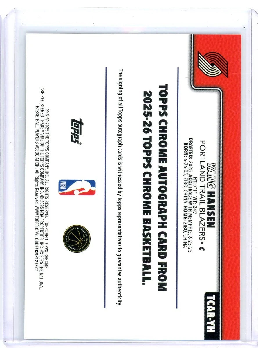 Yang Hansen 2025 Topps Chrome Basketball Rookie Autograph
