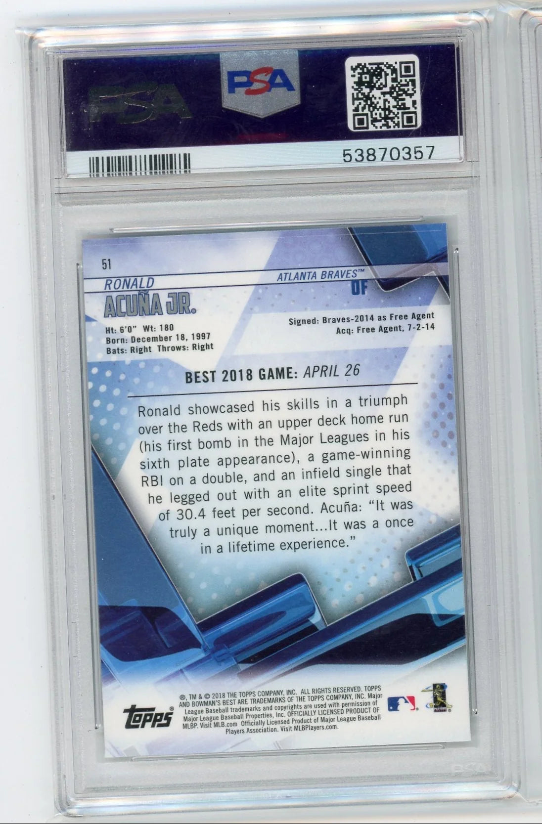 Ronald Acuna Jr. 2018 Bowman's Best rookie card PSA 10