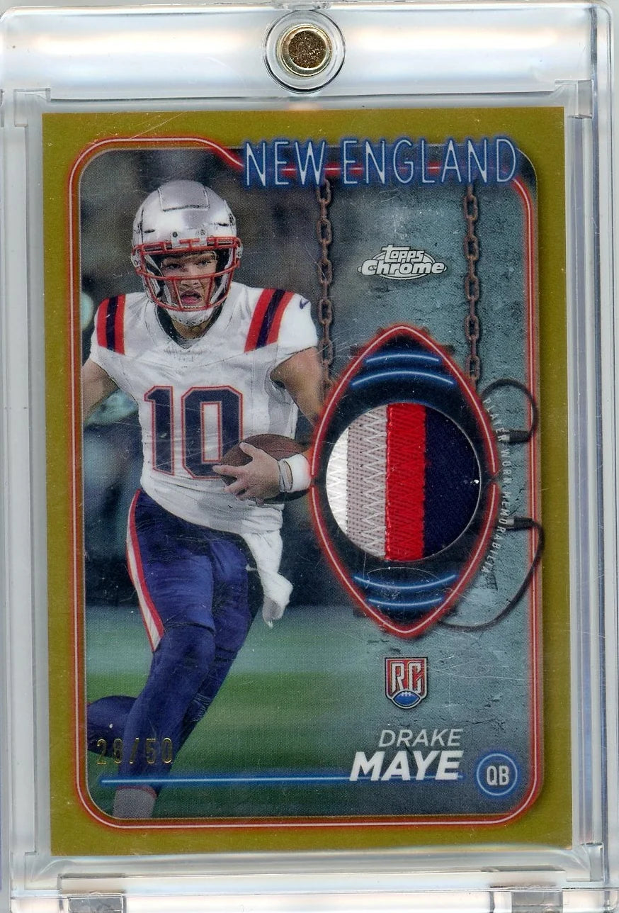 Drake Maye 2024 Topps Chrome Rookie Relic Gold #'d 28/50