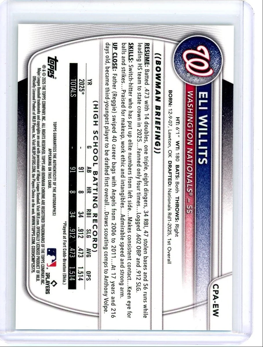Eli Willits 2025 Bowman Draft 1st Bowman Green Lava Autograph #'d 52/99
