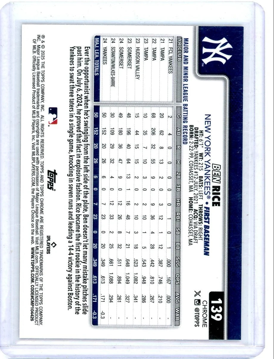 Ben Rice 2025 Topps Chrome Gold Raywave ref. rookie card #'d 42/50