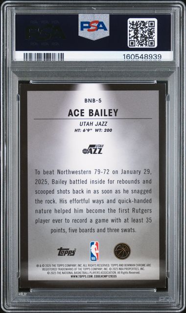 Ace Bailey 2025 Bowman Basketball Spotlights Rookie SSP PSA 7