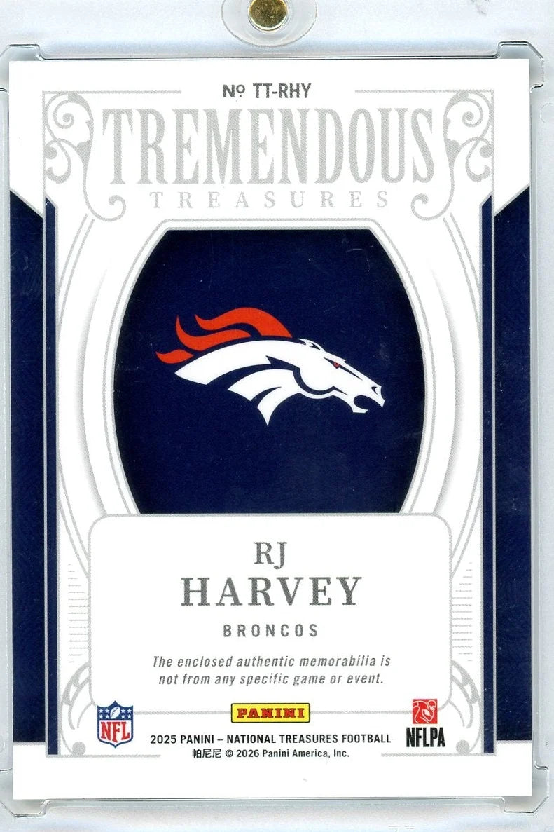 RJ Harvey 2025 Panini National Treasures Tremendous Treasures Rookie Patch #'d 34/99
