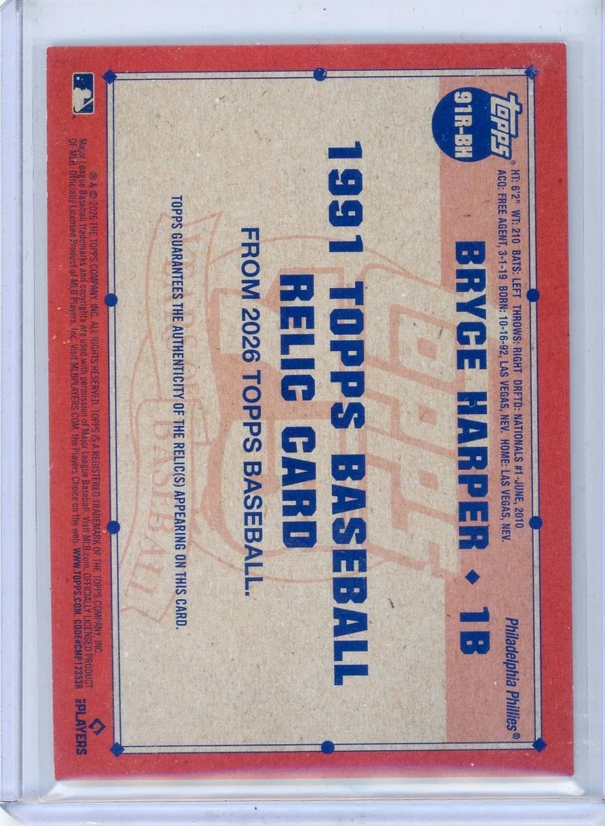 Bryce Harper 2026 Topps '91 game-used bat relic