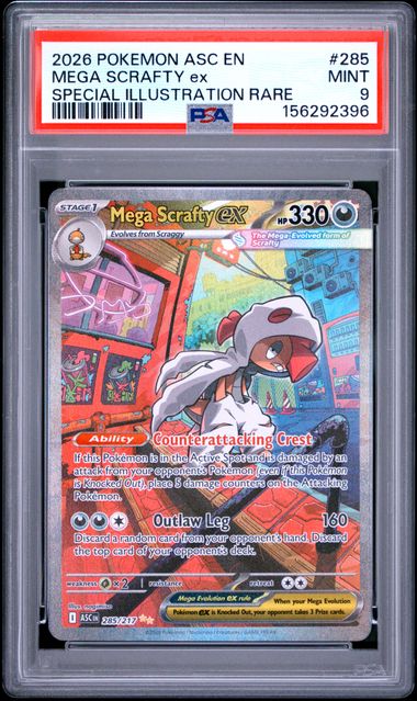 Mega Scrafty ex 2025 Pokemon Ascended Heroes Special Illustration rare #285/217 PSA 9