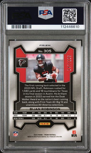 Bijan Robinson 2023 Panini Prizm Purple Ice RC #'d 147/225 PSA 10