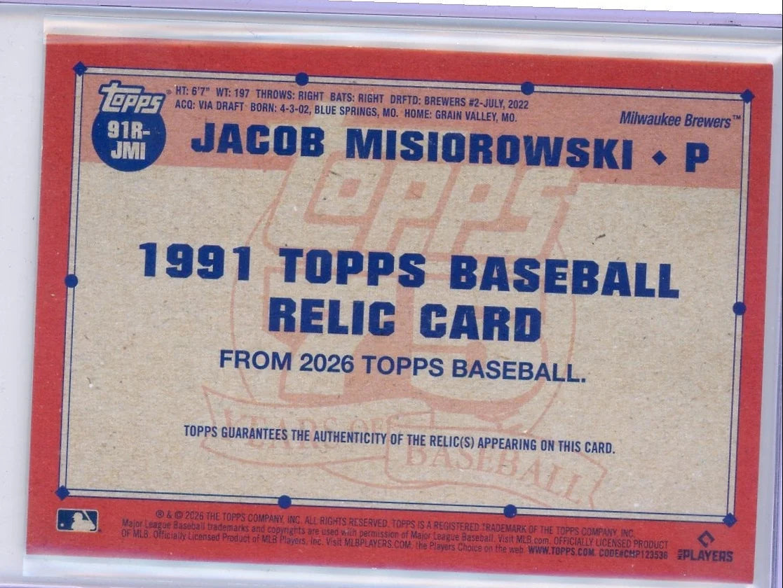 Jacob Misiorowski 2026 Topps Series 2 Player Worn Memorabilia #91R-JMI