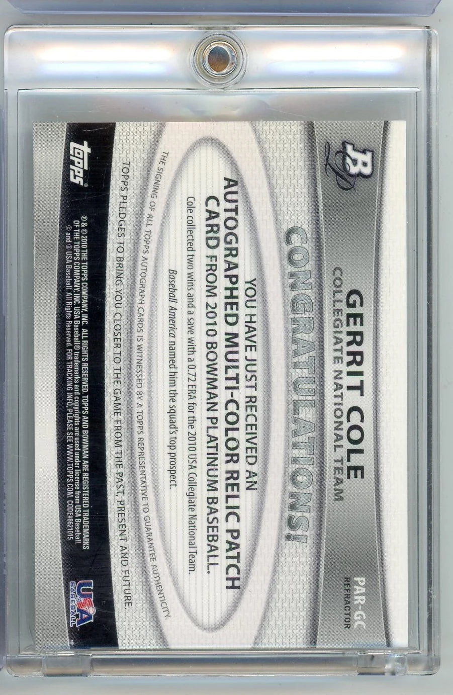 Gerrit Cole 2010 Bowman Platinum Collegiate autograph game-used relic #'d 647/740