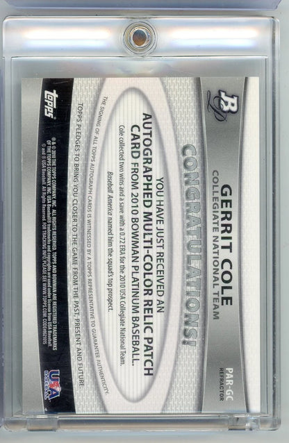 Gerrit Cole 2010 Bowman Platinum Collegiate autograph game-used relic #'d 647/740