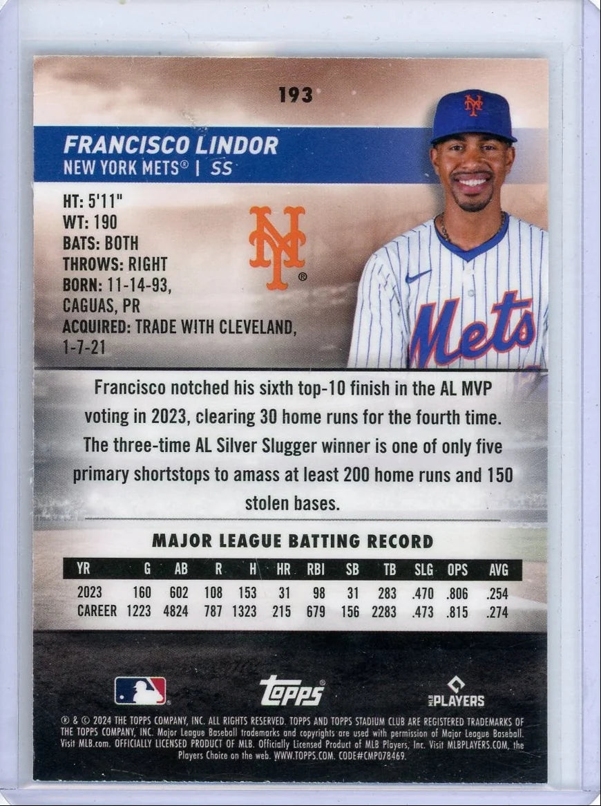Francisco Lindor 2024 Topps Stadium Club Chrome Orange Refractor #'d 13/99