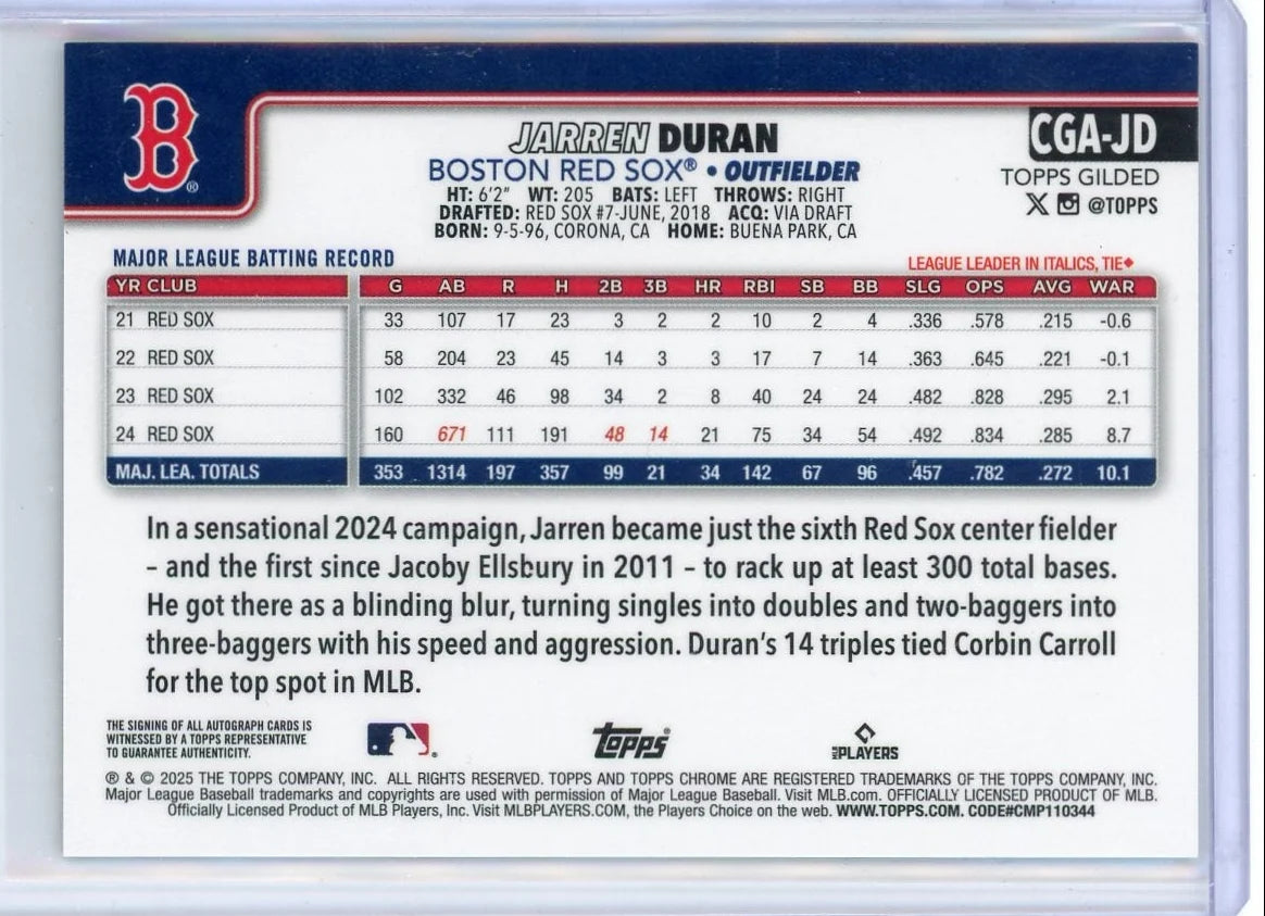 Jarren Duran 2025 Topps Chrome Gilded Blue Gold Auto #'d 08/75