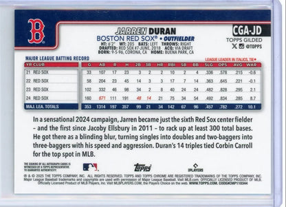 Jarren Duran 2025 Topps Chrome Gilded Blue Gold Auto #'d 08/75