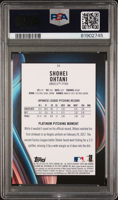 Shohei Ohtani 2018 Bowman Platinum With Glove #34 PSA 9