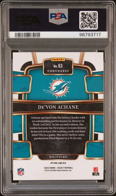 De'Von Achane 2023 Panini Select Blue Prizm Rookie #'d 194/199 PSA 10