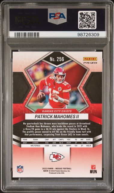 Patrick Mahomes 2022 Panini Mosaic Blue Sparkle #256 PSA 9