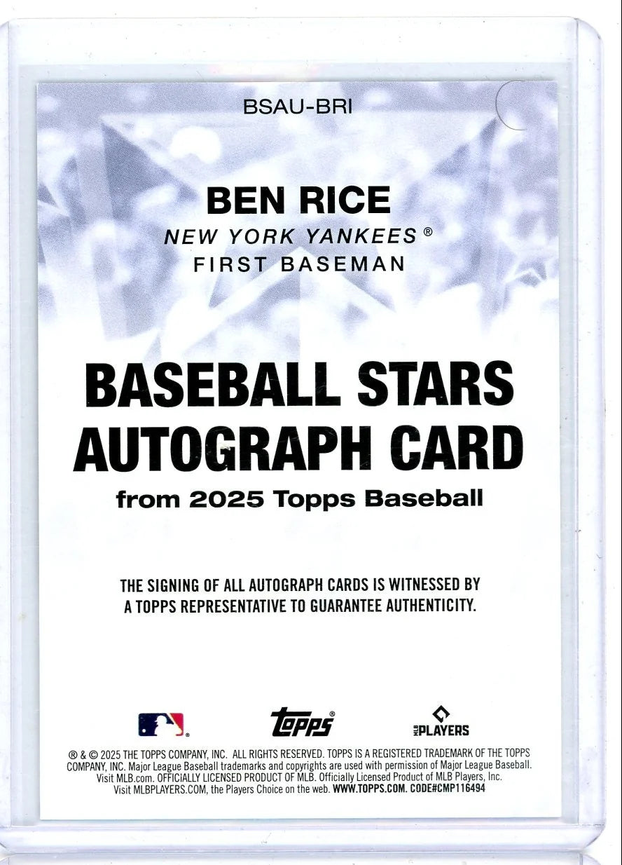 Ben Rice 2025 Topps Baseball Stars Autograph Rookie Card