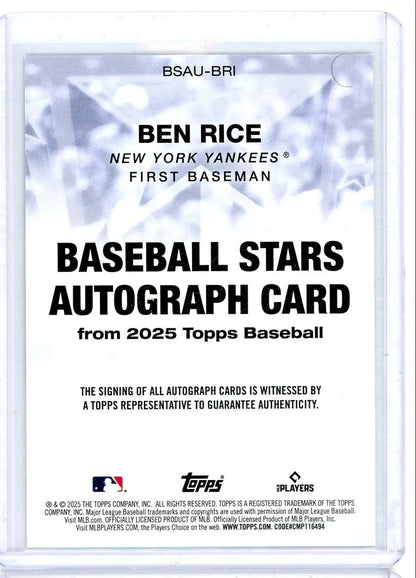 Ben Rice 2025 Topps Baseball Stars Autograph Rookie Card
