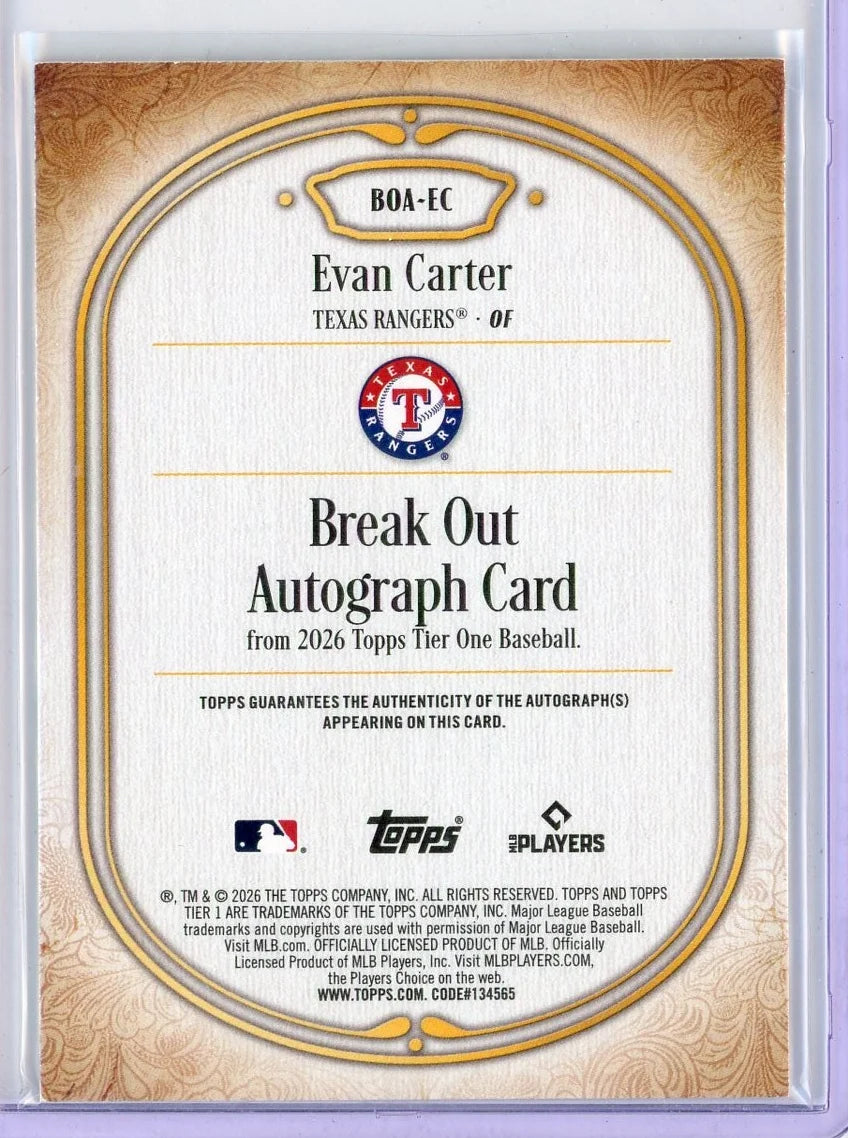 Evan Carter 2026 Topps Tier One #BOA-EC Break Out Auto #'d /75
