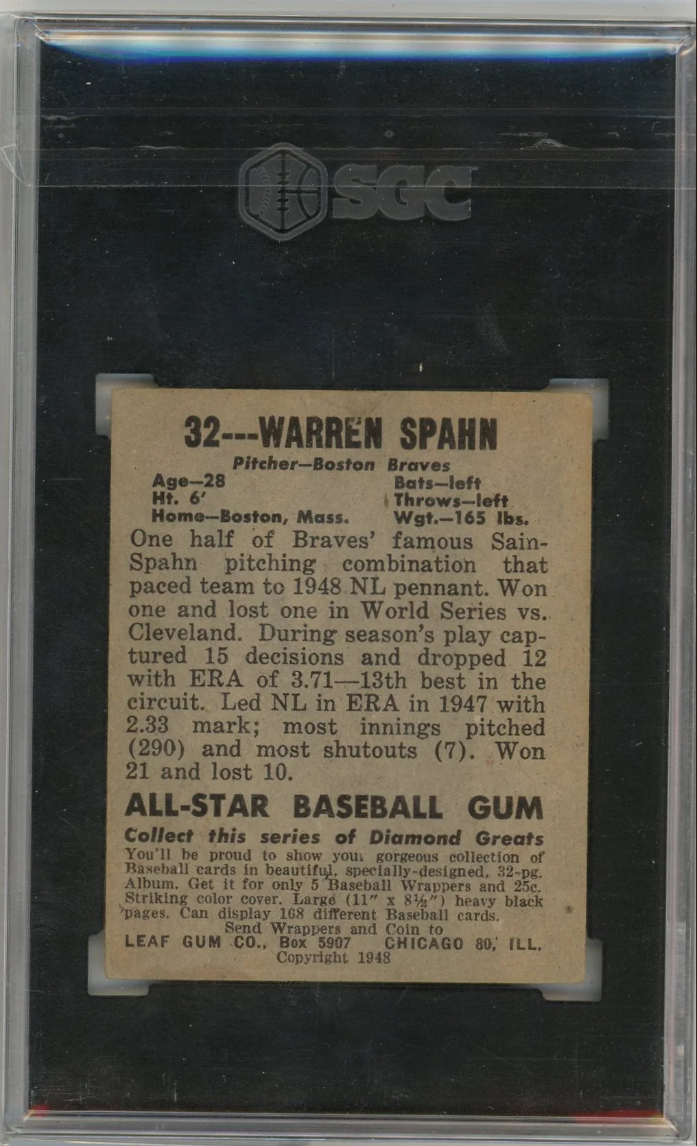 Warren Spahn 1948-49 Leaf Gum #32 SGC 2.5