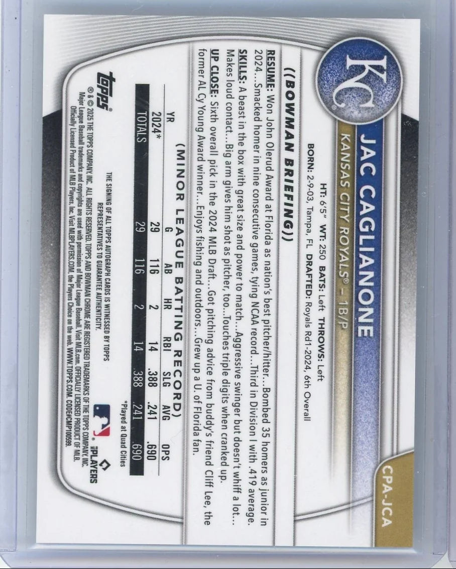 Jac Caglianone 2025 Bowman Chrome autograph