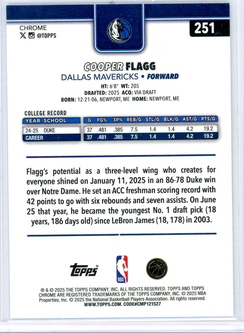 Cooper Flagg 2025 Topps Chrome Ray Wave Refractor RC