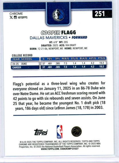 Cooper Flagg 2025 Topps Chrome Ray Wave Refractor RC