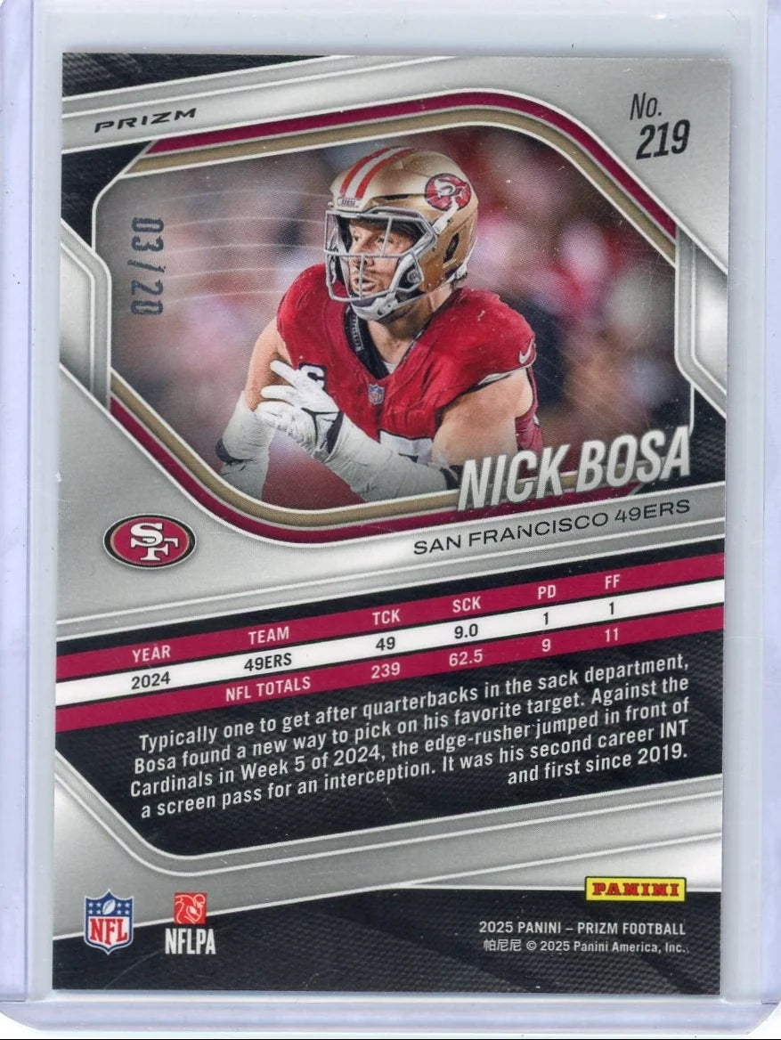 Nick Bosa 2025 Panini Prizm red choice #'d 03/20