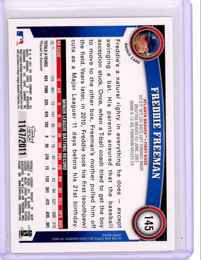 Freddie Freeman 2011 Topps Rookie Card Gold #'d 1147/2011