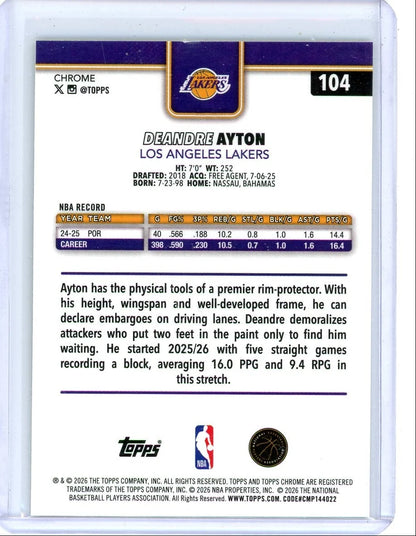 Deandre Ayton 2025-26 Topps Chrome Update yellow ref. #'d 091/275