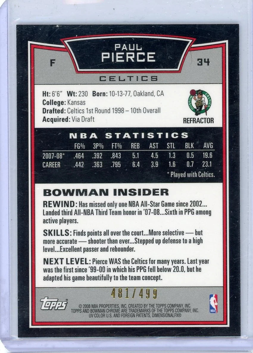 Paul Pierce 2008 Bowman Chrome refractor #'d 481/499