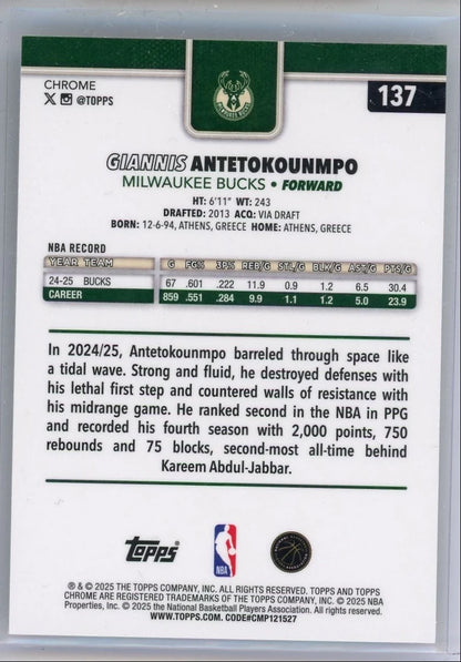 Giannis Antetokounmpo 2025 Topps Chrome Yellow Refractor #'d 015/275
