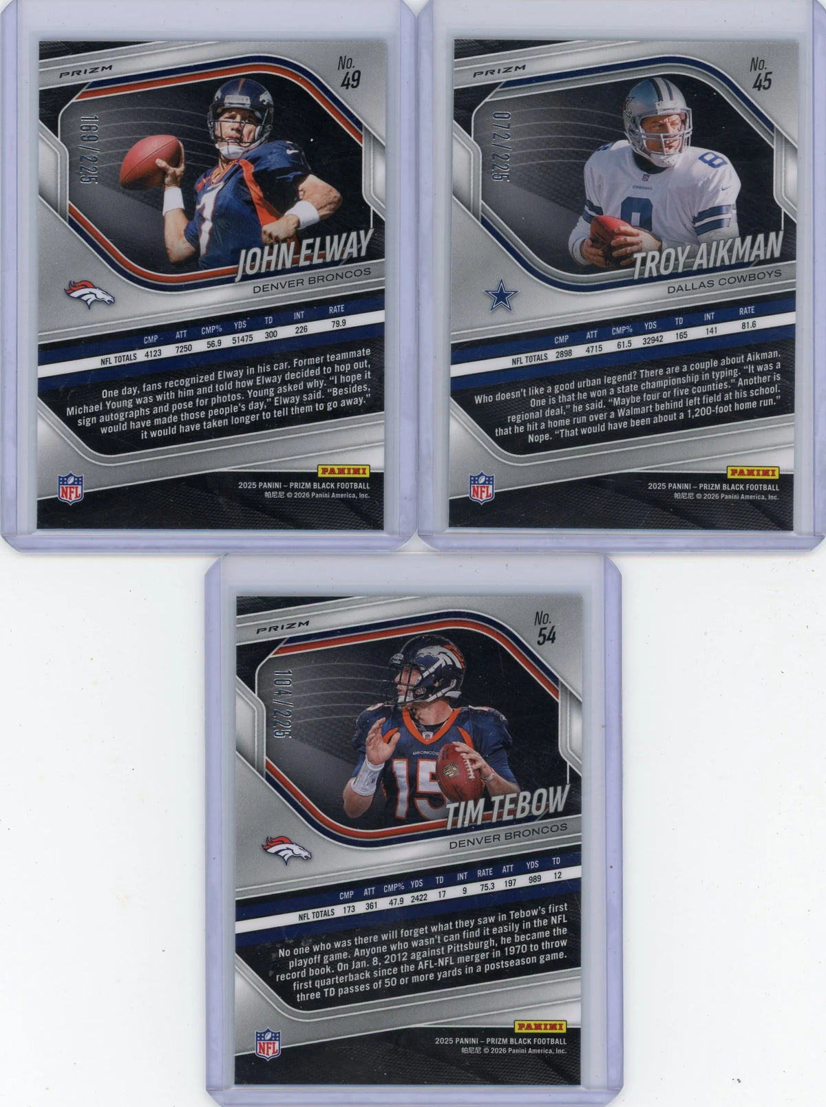 2025 Panini Prizm Black Football Prizm #'d /225 Veteran 3-card Lot