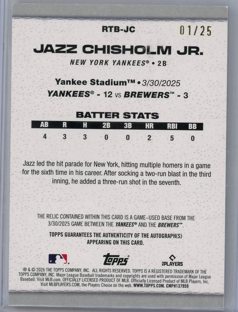 Jazz Chisholm Jr. 2026 Topps Series 2 Patch Autograph #'d 1/25