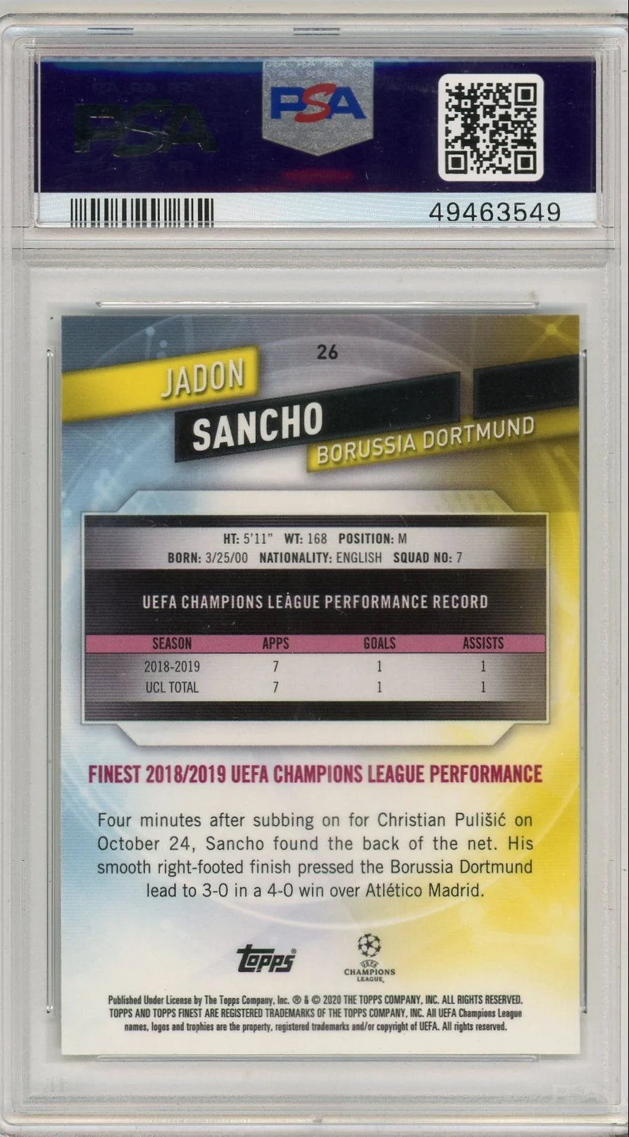 Jadon Sancho 2019 Topps Finest PSA 10