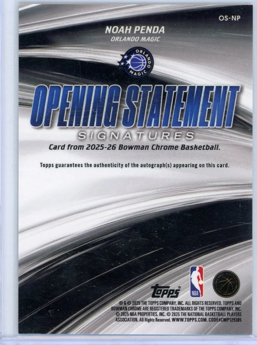 Noah Penda 2025-26 Bowman Basketball Opening Statement Rookie Autograph