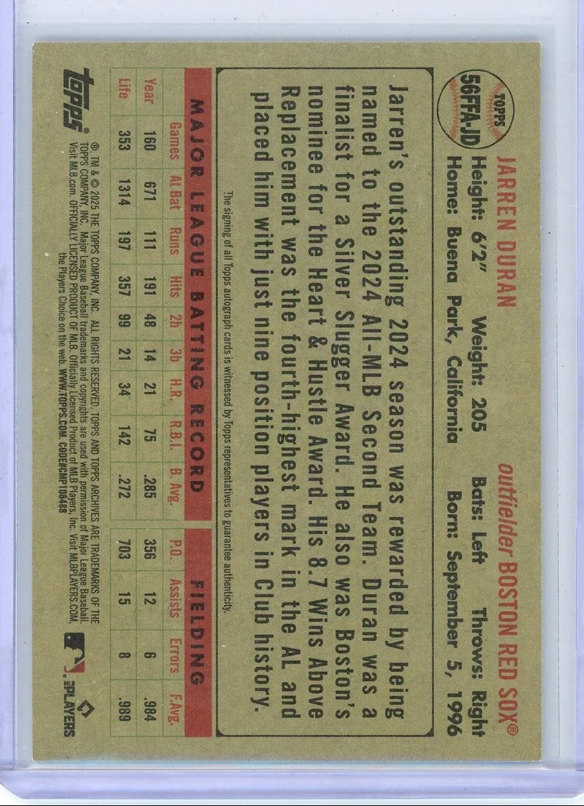 Jarren Duran 2025 Topps Archives Fan Favorites autograph