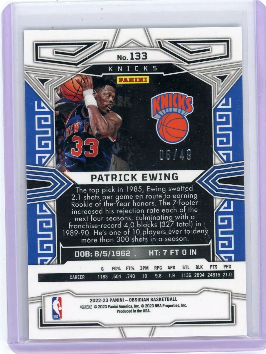 Patrick Ewing 2022-23 Panini Obsidian Purple Flood Electric Etch #'d 06/49