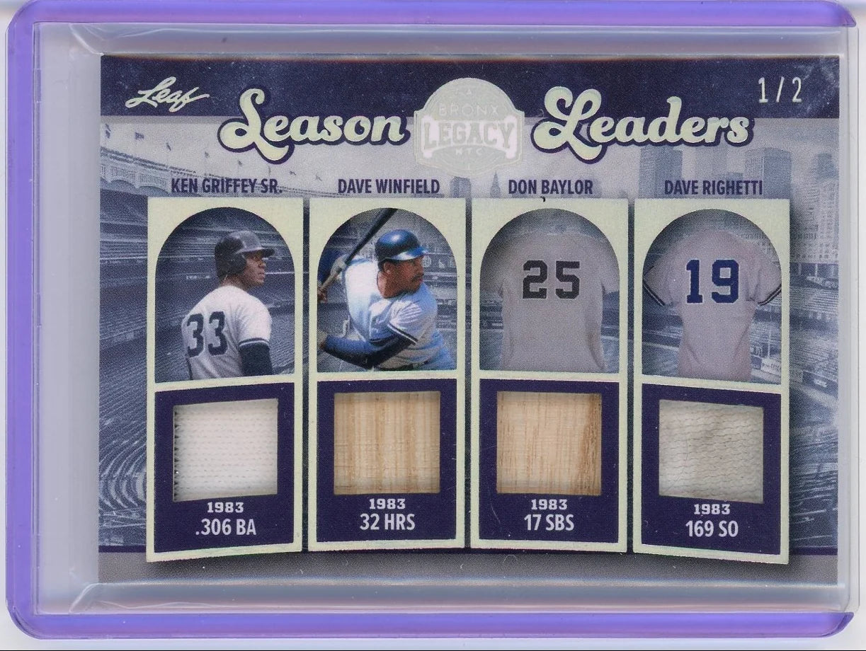 2025 Leaf Season Leaders Bronx Legacy Quad-Memorabilia Ken Griffey Sr., Dave Winfield, Don Baylor, Dave Righetti #'d 1/2