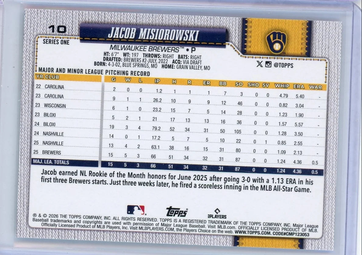 Jacob Misiorowski 2025 Topps Series 1 RC #10 - Sand Glitter Paralell