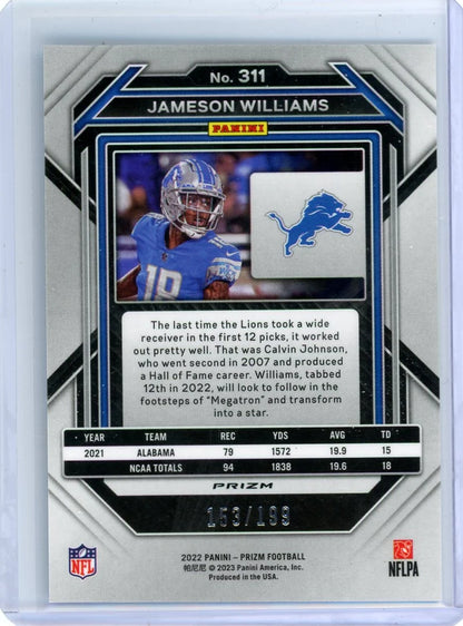Jameson Williams 2022 Panini Prizm Blue Wave RC #'d 153/199