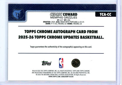 Cedric Coward 2025-26 Topps Chrome Update Rookie Autograph Black #'d 08/10