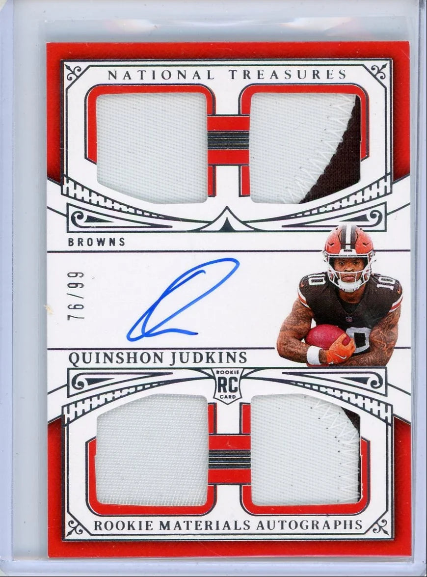 Quinshon Judkins 2025 Panini National Treasures Rookie Material Autographs Quad Relic Auto RC #'d 76/99