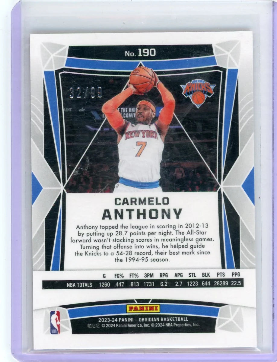 Carmelo Anthony 2023-24 Panini Obsidian Orange Flood Electric Etch #'d 32/99