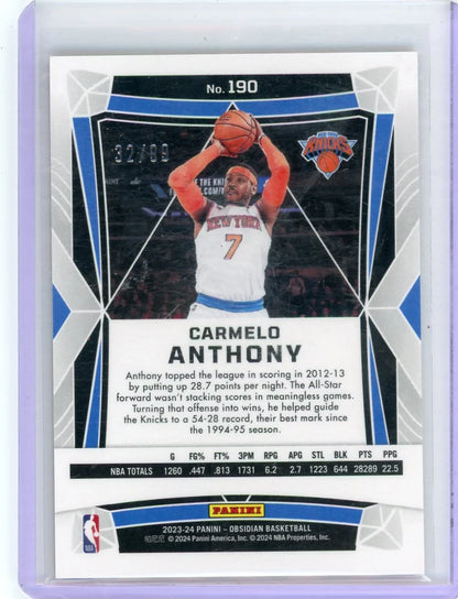 Carmelo Anthony 2023-24 Panini Obsidian Orange Flood Electric Etch #'d 32/99