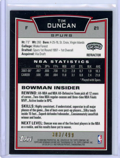 Tim Duncan 2008 Bowman Chrome Refractor #'d 383/499