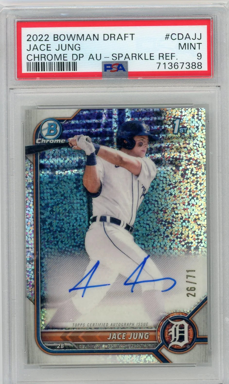 Jace Jung 2022 1st Bowman Draft Chrome autograph sparkle ref. #'d 26/71 PSA 9