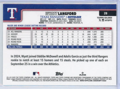 Wyatt Langford 2025 Topps Chrome Gilded Blue Gold #'d 44/99