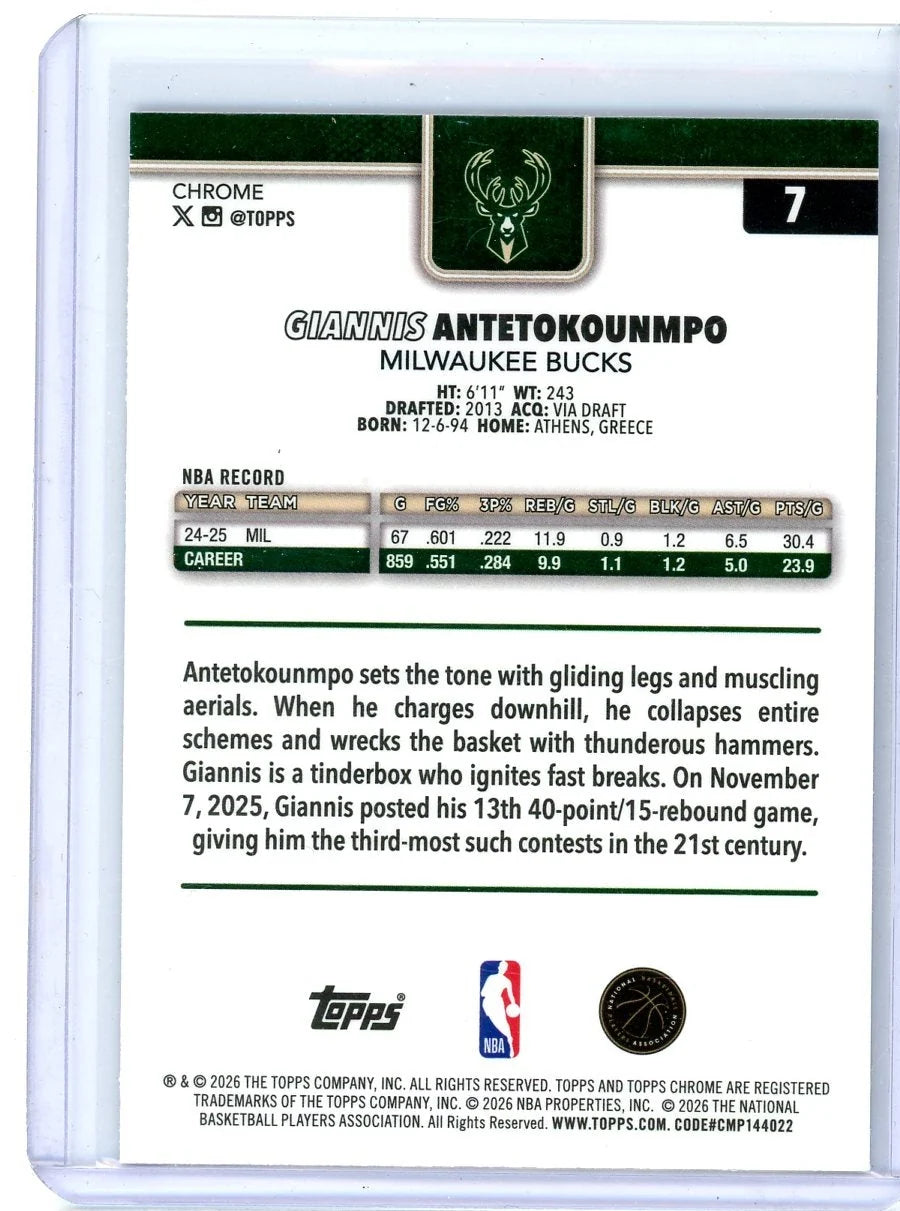 Giannis Antetokounmpo 2025-26 Topps Chrome Update blue wave ref. #'d 082/150
